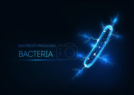 Futuristisch glühender niedriger polygonaler Strom, der Bakterien isoliert auf dunkelblauem Hintergrund produziert. Forschungskonzept Mikrobiologie. Modernes Drahtgitter-Design Vektor-Illustration.
