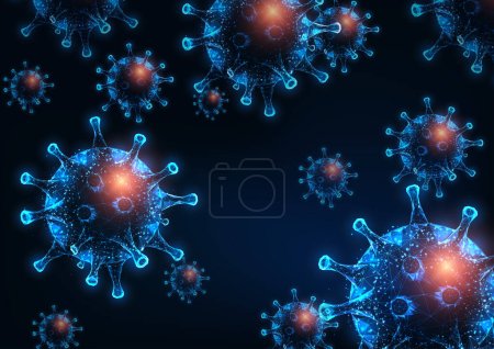 Células hiv poligonales bajas brillantes futuristas, influenza o rotavirus sobre fondo azul oscuro. Inmunología, concepto de microbiología. Moderno marco de alambre malla diseño vector ilustración
.