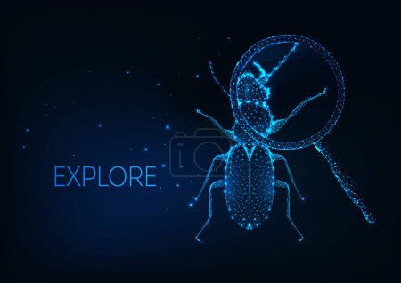 Illustration for Futuristic glowing low polygonal insect bug with enlarged body part under magnifying glass isolated on dark blue background. Science project exploration, curiosity concept. Modern vector illustration. - Royalty Free Image
