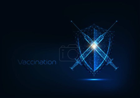 Illustration for Futuristic immunization concept with glowing low polygonal syringe with vaccine and protection shield on dark blue background. Medicine health care. Modern wire frame mesh design vector illustration. - Royalty Free Image