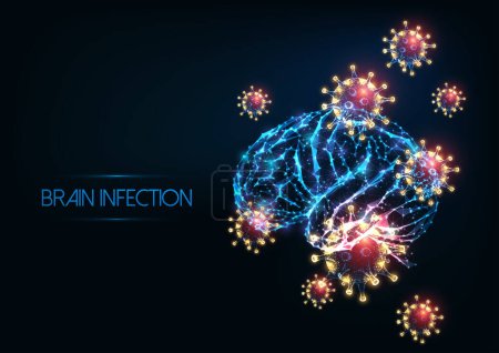 Ilustración de Infección cerebral futurista meningitis, concepto de encefalitis con brillantes células cerebrales humanas poligonales bajas y virus sobre fondo azul oscuro. Moderno marco de alambre malla diseño vector ilustración. - Imagen libre de derechos