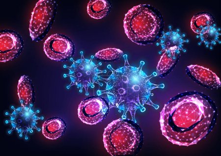 Illustration for Futuristic viral infection concept with glowing low polygonal influenza virus cells and erythrocytes in blood stream on dark blue background. Modern wire frame mesh design vector illustration. - Royalty Free Image