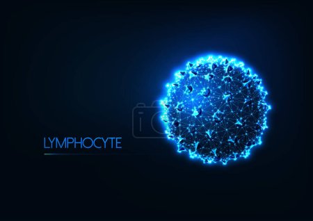 Illustration for Futuristic immunology concept with glowing low polygonal human lymphocyte white blood cell or cancer cell on dark blue background. Oncology, hematology research. Modern wire frame mesh illustration. - Royalty Free Image