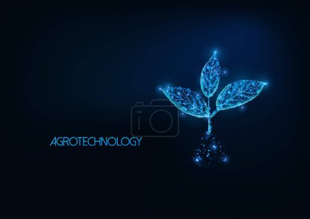 Futuristic agrotechnology, agriculture concept with glowing low polygonal plant sprout with three leaves in soil isolated on dark blue background. Modern wire frame mesh design vector illustration.