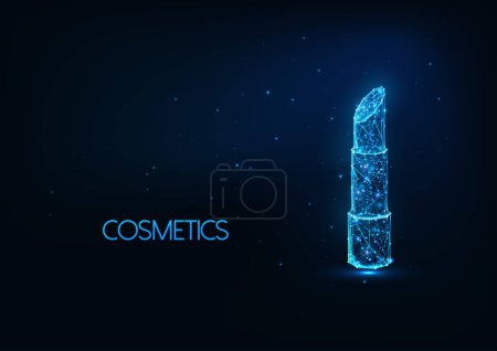 Illustration for Futuristic cosmetics, make up concept with glowing low polygonal lipstick isolated on dark blue background. Modern wire frame mesh design vector illustration. - Royalty Free Image