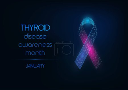 Illustration for Thyroid disease awareness month web banner with glowing low polygonal pink and blue ribbon bow on dark blue background. Modern wire frame mesh design vector illustration. - Royalty Free Image