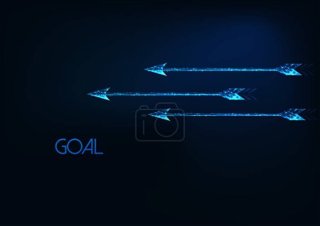 Illustration for Futuristic goal concept with three glowing low polygonal moving arrows isolated on dark blue background. Modern wire frame mesh design vector illustration. - Royalty Free Image