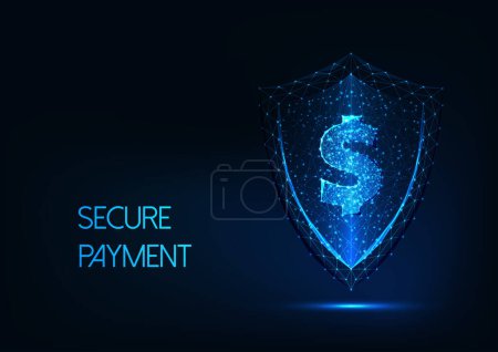 Futuristic secure payment concept with glowing low polygonal dollar sign and protection shield isolated on dark blue background. Financial security. Modern wire frame mesh design vector illustration.