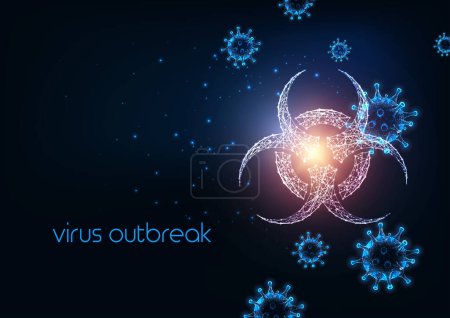 Illustration for Futuristic virus outbreak concept with glowing low polygonal virus cells and biohazard symbol and copy space on dark blue background. Modern wire frame mesh design vector illustration. - Royalty Free Image