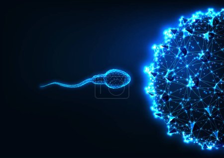 Futuristisches Befruchtungskonzept mit glühend niedrigen polygonalen Spermien und auf dunkelblauem Hintergrund isolierten Eizellen. Modernes Drahtgitter-Design Vektor-Illustration.