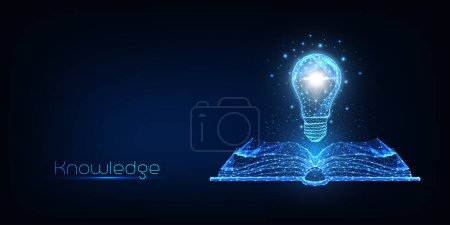 Illustration for Futuristic knowledge, inspiration, creative thinking concept with glowing low polygonal book and electric light bulb on dark blue background. Modern wire frame mesh design vector illustration. - Royalty Free Image