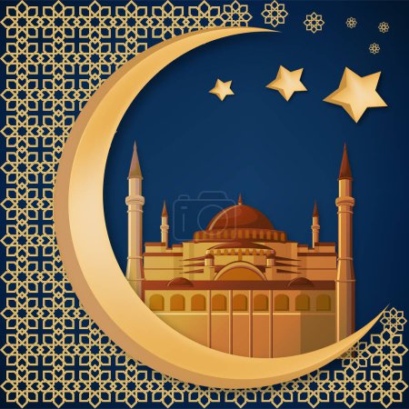 Illustration for Ramadan Kareem abstract background template with hagia sophia or mosque, golden moon, star, text and arabic ornament. Vector illustration, eps10. - Royalty Free Image