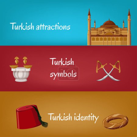 Illustration for Turkish touristic banners with traditional symbols fez, simit, swords, hammam, Hagia Sophia. Turkish attractions, symbols, identity. Travel to Turkey concept, part 2. Cartoon vector illustration - Royalty Free Image