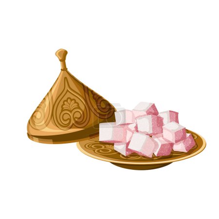 Illustration for Turkish delight, locum, traditional sweets on decorated copper plate with cap isolated on white background. Turkish antique utensils series, part 5 of 5. Cartoon vector illustration in flat style. - Royalty Free Image
