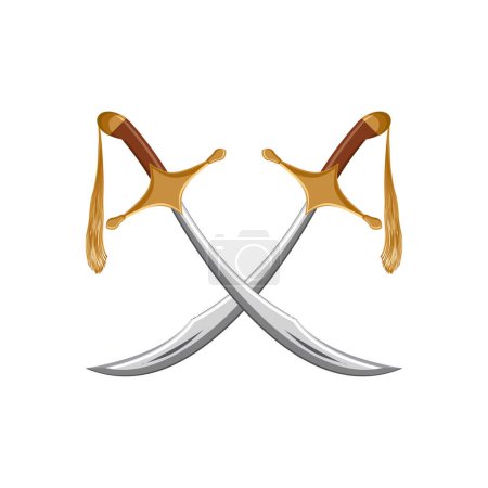 Illustration for A pair of traditional turkish swords scimitar isolated on white background. Arabic antique souvenirs. Cartoon vector illustration. - Royalty Free Image