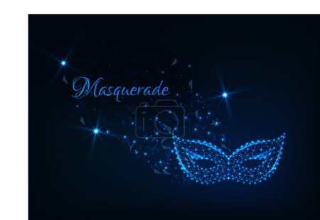 Masquerade abstract background with glowing low polygonal carnival mask, stars and text on dark blue. Futuristic wireframe design vector illustration.