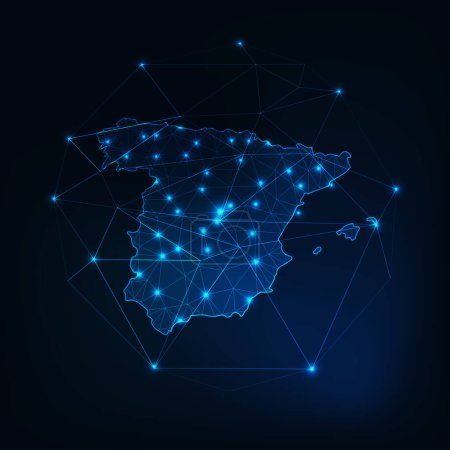 Illustration for Spain map outline with stars and lines abstract framework. Communication, connection concept. Modern futuristic low polygonal, wireframe, lines and dots design. Vector illustration. - Royalty Free Image