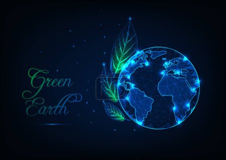 Illustration for Green Earth ecology concept with glowing low poly planet Earth globe, leaves,stars and text on dark blue background. World environment protection. Futuristic wireframe design vector illustration. - Royalty Free Image