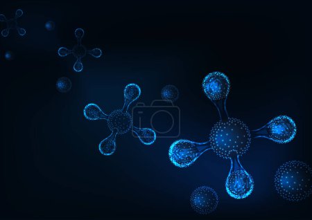 Illustration for Scientific abstract background with glowing tetrahedral molecule structures on dark blue background. Future science banner template. Futuristic vector illustration. - Royalty Free Image