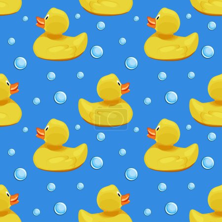 Téléchargez les illustrations : Mignons canards en caoutchouc jaune, canetons et bulles de savon sur fond d'eau bleue motif sans couture. C'est l'heure du bain. Illustration vectorielle de bande dessinée
. - en licence libre de droit