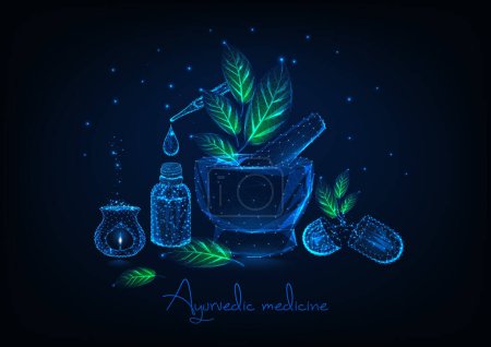 Illustration for Ayurvedic medicine concept with glowing low polygonal mortar, leaves, essential oil bottle and pipette, herbal pills and aromalamp on dark blue background. Futuristic design vector illustration. - Royalty Free Image