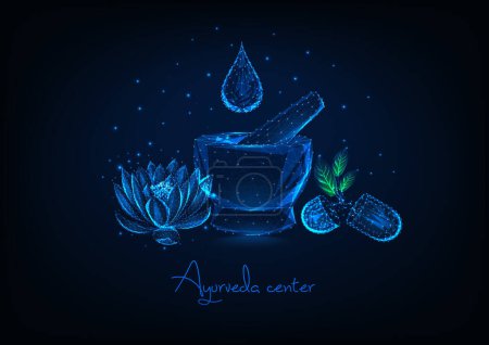 Illustration for Futuristic ayurveda center concept with glowing low polygonal mortar, essential oil drop, lotus flower and herbal pills on dark blue background. Modern wireframe design vector illustration. - Royalty Free Image