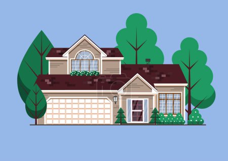 Suburban American single family house. Two store town home with garden trees isolated on blue background. Flat design vector illustration