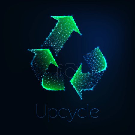 Futuristic glowing low polygonal green upcycle symbol made of lines, stars, triangles isolated on dark blue background. Recycling, ecologically friendly technology concept. Vector illustration.