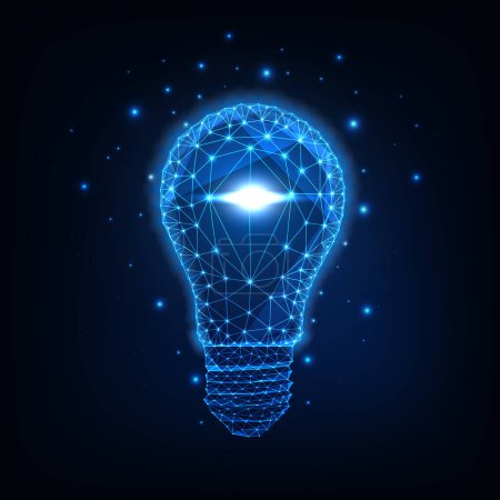 Illustration for Futuristic glowing low polygonal light bulb made of lines, stars, dots, light spots isolated on dark blue background. Idea, creativity concept. Modern wireframe design vector illustration. - Royalty Free Image