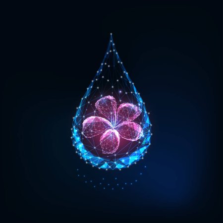 Illustration for Futuristic glowing low polygonal water drop with abstract purple flower inside isolated on dark blue background. Essential oil, perfume, cosmetics concept. Modern wireframe design vector illustration. - Royalty Free Image