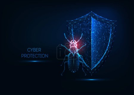 Illustration for Internet security, cyber protection concept with futuristic glowing low polygonal Beatle bug and shield isolated on dark blue background. Modern wireframe design vector illustration. - Royalty Free Image