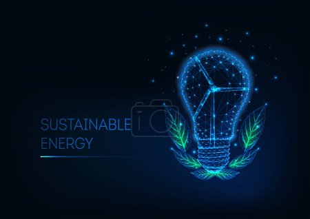 Nachhaltiges Energiekonzept mit futuristisch glühend niedriger polygonaler Glühbirne, Windkraftanlage und grünen Blättern auf dunkelblauem Hintergrund. moderne Drahtrahmen-Design-Vektor-Illustration.
