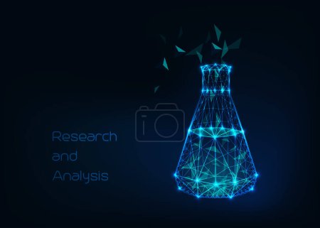 Illustration for Scientific background with low poly wireframe beaker, test tube and abstract tetrahedral structure compound. Future science concept. Vector polygonal illustration, lines and dots, geometrical design. - Royalty Free Image