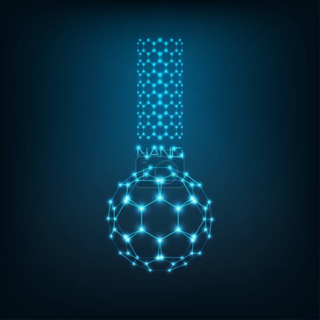 Ilustración de Nanociencia, concepto de nanotecnología con nanotubo de carbono y buckyball fullereno y palabra nano en forma de vaso de precipitados químicos, tubo de ensayo. Logo de Nano. Imágenes vectoriales de diseño de líneas y puntos poligonales - Imagen libre de derechos