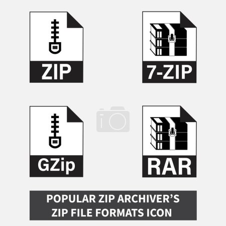 Téléchargez les illustrations : Populaire Zip Archivers Formats de fichiers Zip Icône Gérez sans effort vos fichiers avec cet ensemble d'icônes vectorielles d'archiveurs zip populaires. Idéal pour la compression, le stockage et l'organisation. Conception personnalisable. - en licence libre de droit