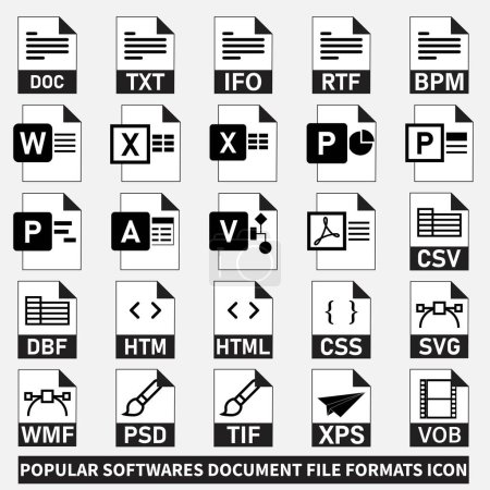 Téléchargez les illustrations : Popular Software's Documents  File Format's Icons set vector. Simplify document management with this set of popular software file format icons.Vector format for easy customization and use in your work - en licence libre de droit