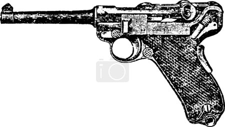 Illustration for 30-Caliber Automatic Luger Pistol, Vintage Engraving. Old engraved illustration of a Luger Pistol isolated on a white background. - Royalty Free Image