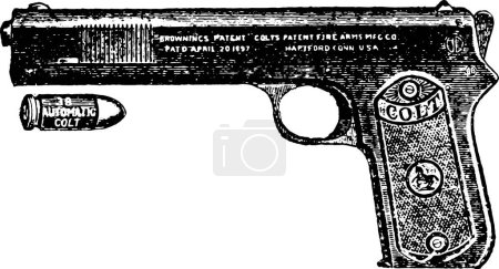 Illustration for 38-Caliber Automatic Colt 8-Shot Pistol, Vintage Engraving. Old engraved illustration of a Colt 8-Shot Pistol isolated on a white background. - Royalty Free Image