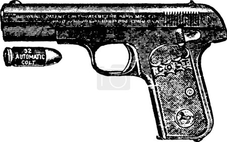 Illustration for 38-Caliber Automatic Colt 9-Shot Pistol, Vintage Engraving. Old engraved illustration of a Colt 9-Shot Pistol isolated on a white background. - Royalty Free Image