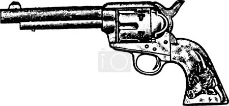 Illustration for Cowboy 6-Shooter, Colt Revolver With Pearl Handle Bull Design, Vintage Engraving. Old engraved illustration of a Colt Revolver With Pearl Handle Bull Design isolated on a white background. - Royalty Free Image