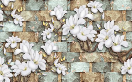 3d tapety białe kwiaty na dużym kamiennym tle mural