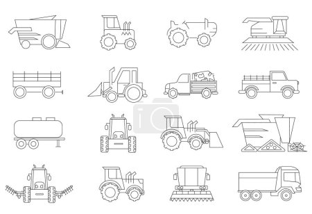 Illustration for Farming and agriculture related vector icons. Agricultural machines icons set. Outline set of agricultural machines vector icons for web design isolated on white background. - Royalty Free Image
