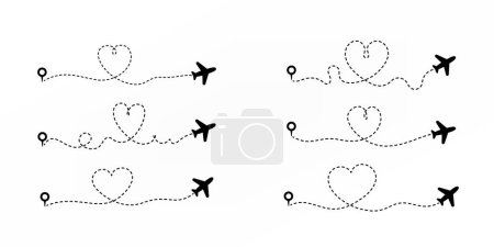 Illustration for Set of plane and heart shape path,  love travel, illustration - Royalty Free Image