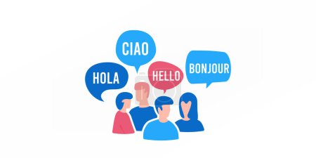 Téléchargez les illustrations : Group of people with speech bubble and word hello by different language illustration - en licence libre de droit