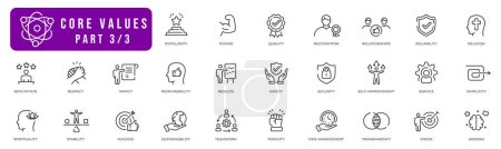 Core value line icon collection vol 3. Power, Quality, Relationships, Reliability, Respect, Responsibility, Safety, Simplicity, Stability, Success, Teamwork, Vision, Wisdom etc.