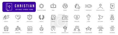 Ilustración de Conjunto de iconos de línea cristiana. Biblia, cruz, fe, etc. Carrera editable - Imagen libre de derechos