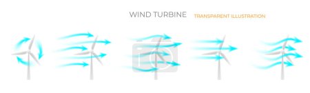 Wind turbine with wind arrows flows. Power generator over transparent background
