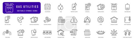 Gas utility line icon set. House, bill, service, meter etc. Editable stroke