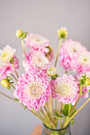 Photo for Pink dahlias in glass jug, neutral wall background. the work of the florist at a flower shop. Handsome fresh bouquet. Flowers delivery. High quality photo - Royalty Free Image