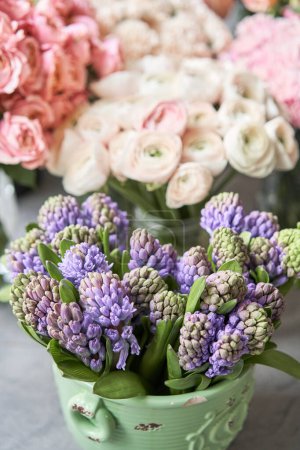 Photo for Many different flowers on Showcase. Background of mix of flowers. Beautiful flowers for catalog or online store. Floral shop and delivery concept. High quality photo - Royalty Free Image